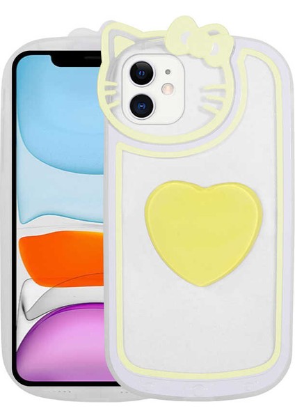 iPhone 11 Uyumlu Kedi Figürlü Transparan Pop Soketli Zore Ritmik Kapak-Sarı