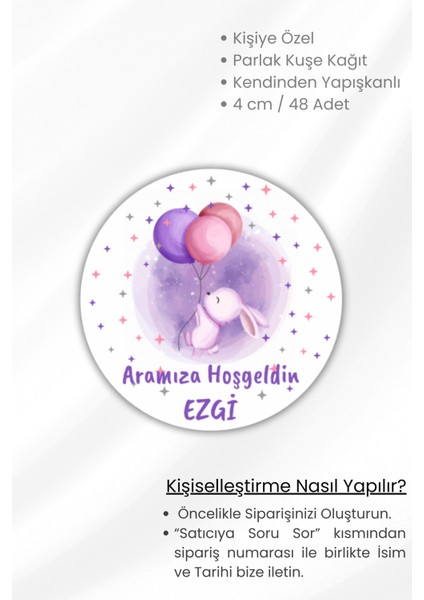 Isme/kişiye Özel Doğum Günü Babyshower Hoşgeldin Bebek /kız Çocuk Etiketi 4 cm 48 Adet Etiket