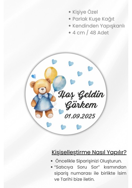 Kişiye/isme Özel Hoş Geldin Bebek Etiketi Sticker 48 Adet / 4 Cm-Hediyelik Süsleme