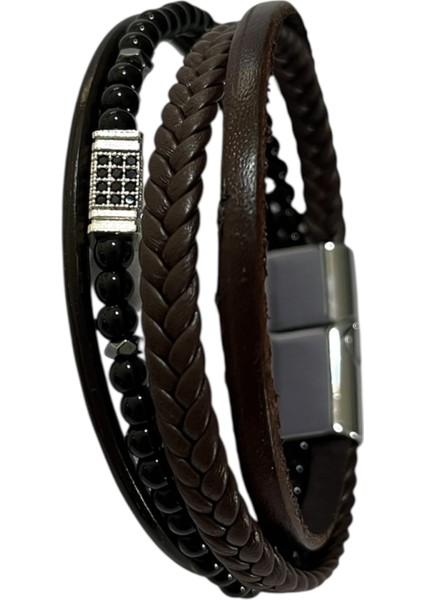 Erkek Bileklik Mıknatıslı Suni Deri Boncuk Taşlı Charm Hasır Örgü Bileklik