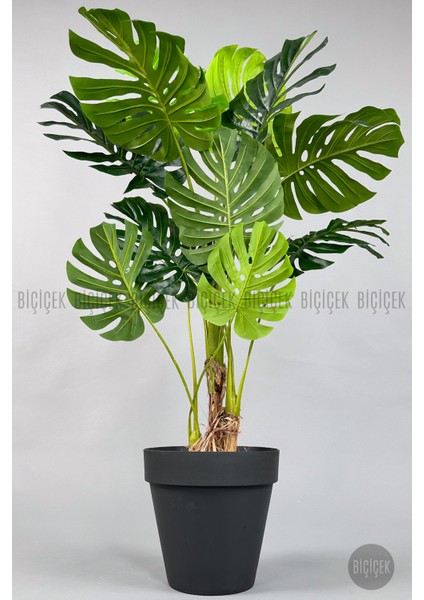 Yapay Ağaç Monstera Bambu Gövdeli 150CM Devetabanı Ağacı Büyük Boy Antrasit Renk Yalı Saksıda