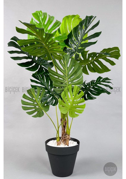 Yapay Ağaç Monstera Bambu Gövdeli 150CM Devetabanı Ağacı Büyük Boy Antrasit Renk Yalı Saksıda