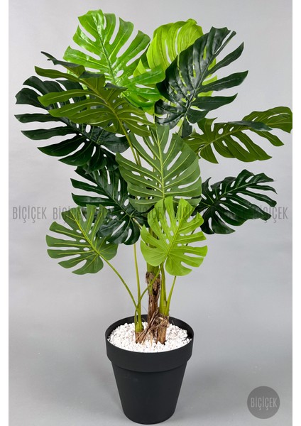 Yapay Ağaç Monstera Bambu Gövdeli 150CM Devetabanı Ağacı Büyük Boy Antrasit Renk Yalı Saksıda