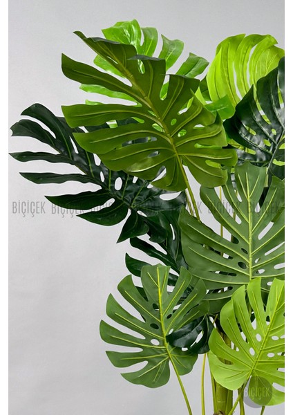 Yapay Ağaç Monstera Bambu Gövdeli 150CM Devetabanı Ağacı Büyük Boy Antrasit Renk Yalı Saksıda