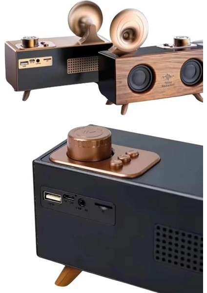 Bluetooth Nostalji Speaker Radyo Gramofon Ahşap Renk Vintage