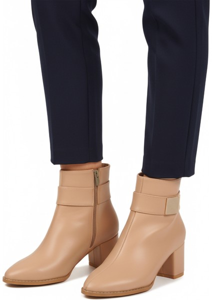 Bej Dar Kalıp Streç Bilek Boy Sivri Burun Polarlı Topuklu Kadın Bot 262326 Z