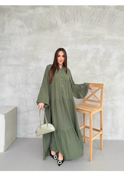 Haki Önü Kısa Patlı Elbise