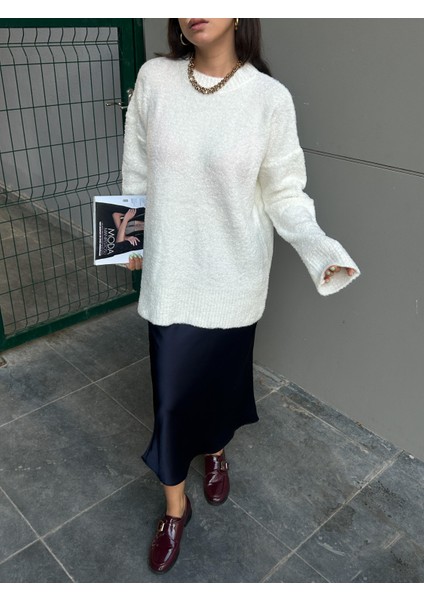 Kadın Ekru Oversize Buklet Triko Uzun Kazak 6222 modelleri