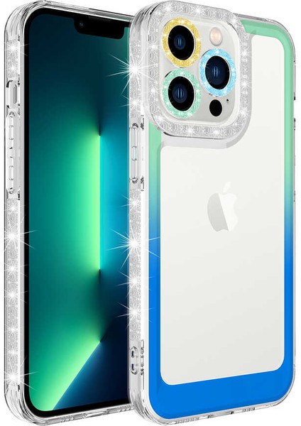 Apple iPhone 12 Pro Max Kılıf Simli ve Renk Geçiş Tasarımlı Lens Korumalı Zore Park Kapak-Yeşil-Mavi