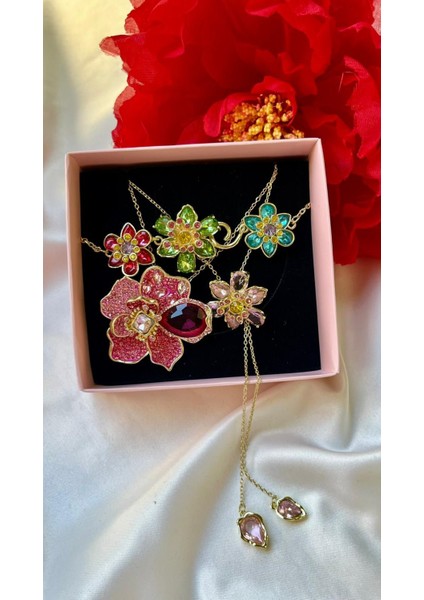 Zirkon Taşlı Renkli Çiçekli Y Kolye Lydylla Kolye Sevgiliye Kız Arkadaşa Hediye Kutulu modelleri