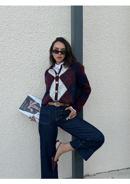 Kadın Bordo Düğmeli Şardonlu Hırka 5570