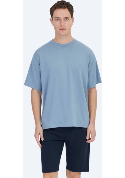 Mavi Düz Bisiklet Yaka T-Shirt