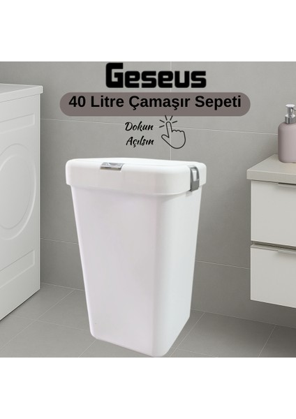 Gümüş Tekli Dokunmatik Çamaşır Sepeti Çöp Kovası Temizlik Kovası Kirli Sepet 40 LITRE-MT008