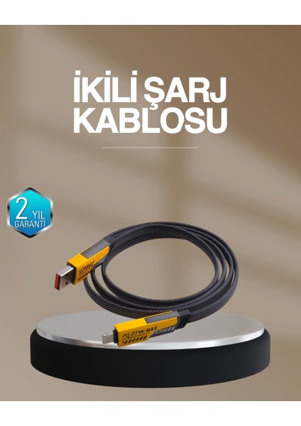 Hızlı Şarj Destekli 65W Örgülü Usb-C ve Usb-A Çoklu Şarj Kablosu