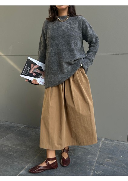 Kadın Antrasit Oversize Buklet Triko Uzun Kazak 6222