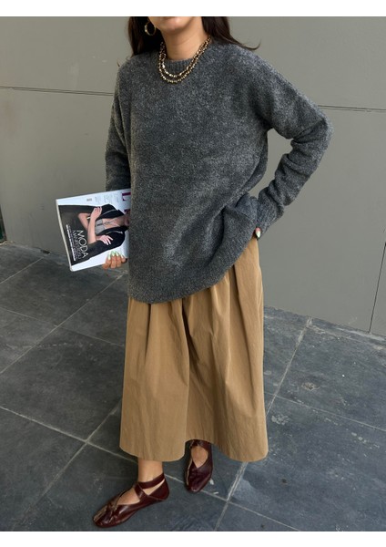 Kadın Antrasit Oversize Buklet Triko Uzun Kazak 6222 fiyatları