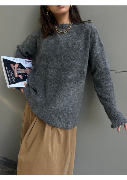 Kadın Antrasit Oversize Buklet Triko Uzun Kazak 6222 modelleri