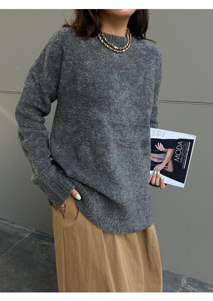 Kadın Antrasit Oversize Buklet Triko Uzun Kazak 6222 indirimleri