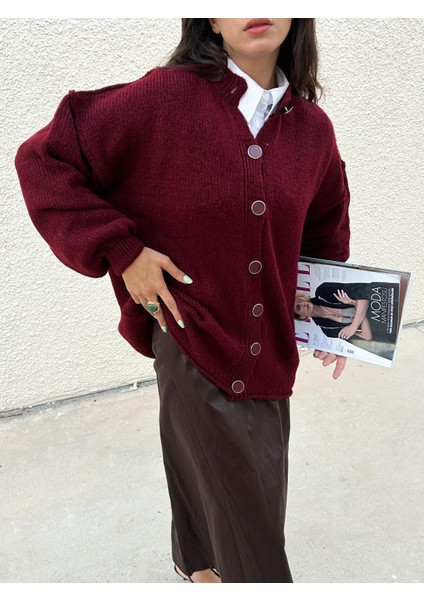 Kadın Bordo Oversize Triko Hırka Pis Dikişli 7000