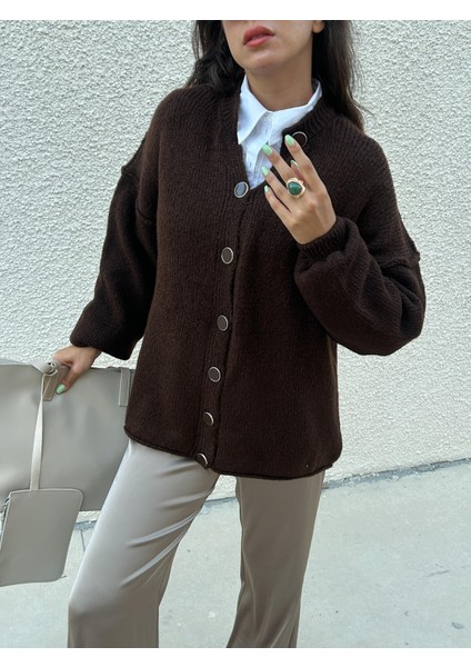 Kadın Kahve Oversize Triko Hırka Pis Dikişli 7000