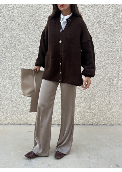 Kadın Kahve Oversize Triko Hırka Pis Dikişli 7000 modelleri