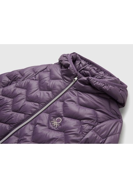 Kız Çocuk Mor Simli Logo Detaylı Kapüşonlu Mevsimlik Ince Mont modelleri