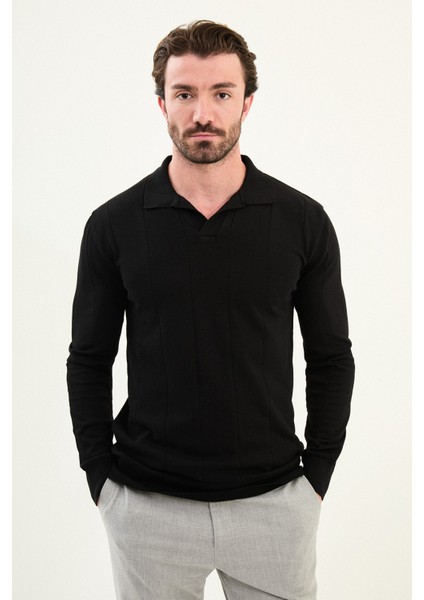 Çizgili Slim Fit Apaç Yaka Erkek Kazak