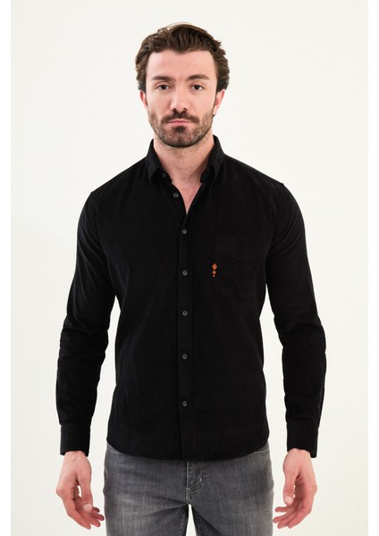 Düz Slim Fit Nakış Detaylı Kadife Erkek Gömlek