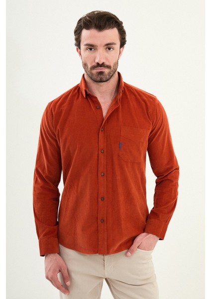 Düz Slim Fit Nakış Detaylı Kadife Erkek Gömlek