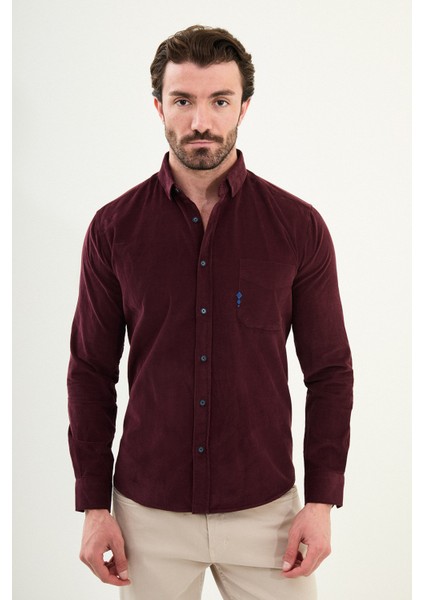 Düz Slim Fit Nakış Detaylı Kadife Erkek Gömlek