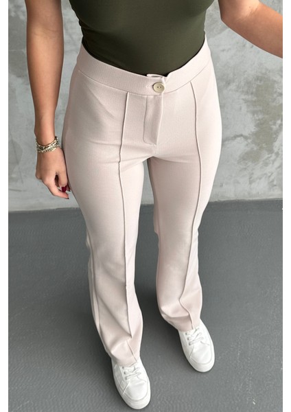 Kadın Krem Yüksek Bel Toparlayıcı Ispanyol Paça Palazzo Pantolon fırsatları