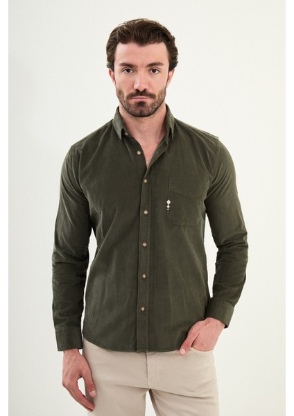 Düz Slim Fit Nakış Detaylı Kadife Erkek Gömlek
