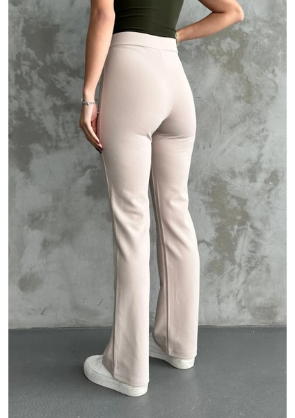 Kadın Krem Yüksek Bel Toparlayıcı Ispanyol Paça Palazzo Pantolon