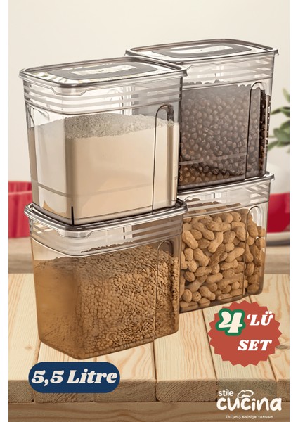 4lü Ekonomik 5,5 Litre Strip Mega Boy Un, Erzak, Bakliyat Saklama Kutusu Antrasit