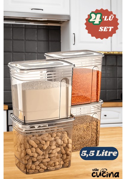 4lü Ekonomik 5,5 Litre Strip Mega Boy Un, Erzak, Bakliyat Saklama Kutusu Antrasit fiyatları