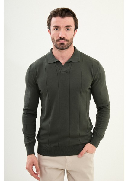 Çizgili Slim Fit Apaç Yaka Erkek Kazak