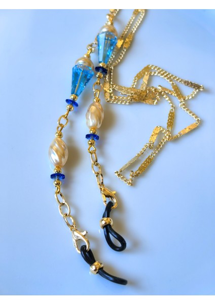 Gerçek Kristal Taş Boncuklu, Inci Detaylı Altın Kaplama Gözlük Zinciri – Bohem Işıltı