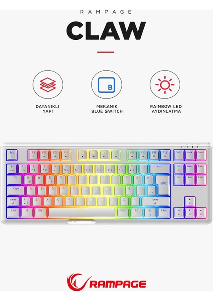 Claw Type-C Bağlantılı Tkl Blue Switch Mekanik Rainbow Antighosting Türkçe Q Gaming Oyuncu Klavyesi Beyaz