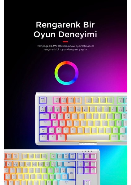 Claw Type-C Bağlantılı Tkl Blue Switch Mekanik Rainbow Antighosting Türkçe Q Gaming Oyuncu Klavyesi Beyaz
