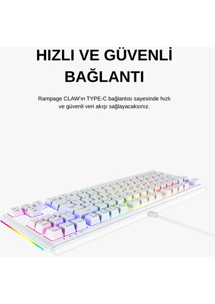 Claw Type-C Bağlantılı Tkl Blue Switch Mekanik Rainbow Antighosting Türkçe Q Gaming Oyuncu Klavyesi Beyaz modelleri