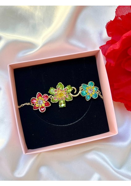 Renkli Çiçekli Lydlla Model Zirkon Taşlı Zarif Altın Renk Bileklik Sevgiliye Kız Arkadaşa Hediye