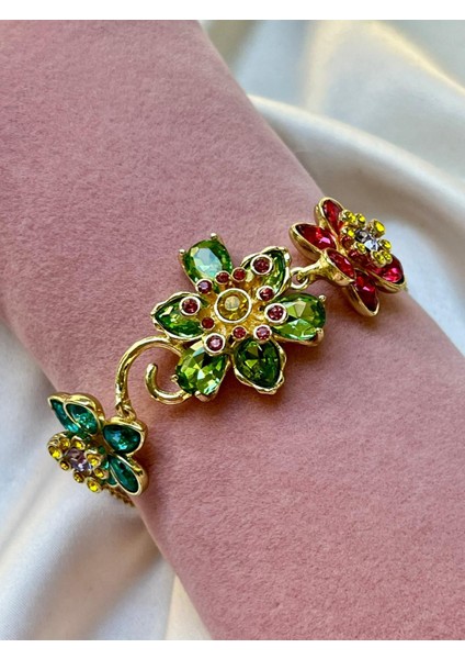 Renkli Çiçekli Lydlla Model Zirkon Taşlı Zarif Altın Renk Bileklik Sevgiliye Kız Arkadaşa Hediye indirimleri