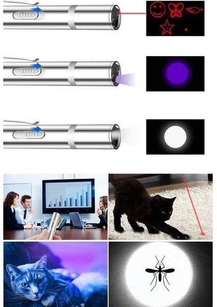 Buffer® USB Ile Şarj Edilebilen 3ın 1 Kırmızı Işık +Beyaz LED Meşale Işık + Uv El Feneri Kedi Lazeri