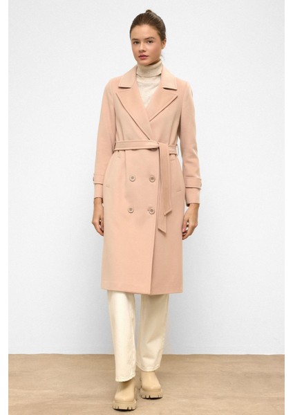Belden Bağlamalı Kruvaze Ara Boy Kaban Pudra 3987-Y