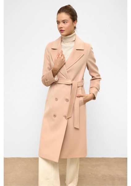Belden Bağlamalı Kruvaze Ara Boy Kaban Pudra 3987-Y fırsatları