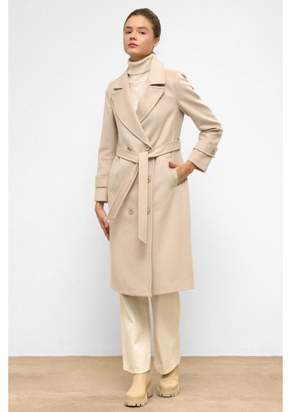 Belden Bağlamalı Kruvaze Ara Boy Kaban Taş 3987-Y