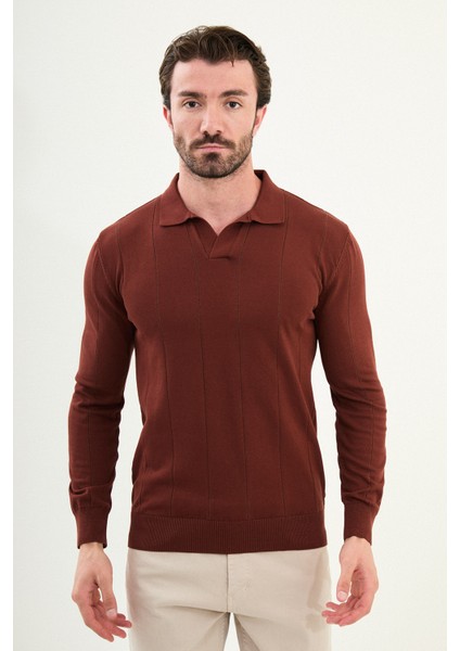 Çizgili Slim Fit Apaç Yaka Erkek Kazak