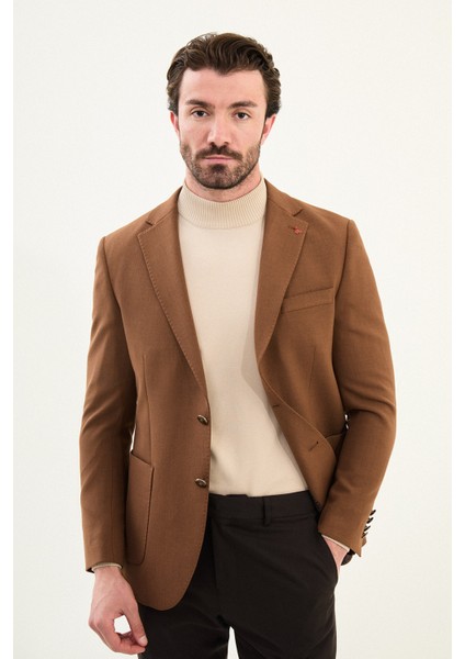 Düz Slim Fit Mono Yaka Torba Cepli Metal Düğmeli Erkek Ceket