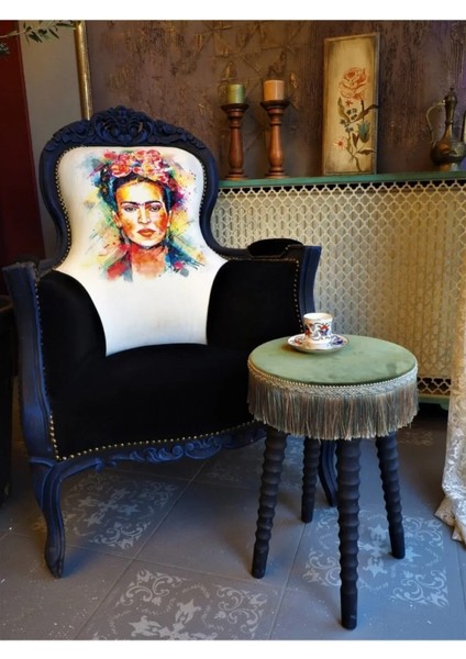 Dekoratif Haki Yeşil Kadife Kumaştan Ahşap Ayaklı Sehpa fırsatları