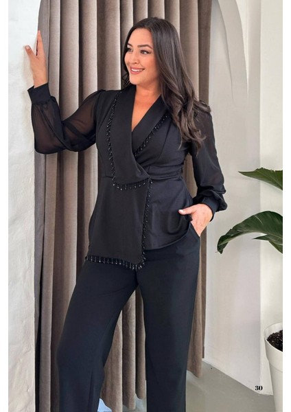 Büyük Beden Boncuk Işlemeli Şifon Kollu Siyah Abiye Pantolon Takım 024K